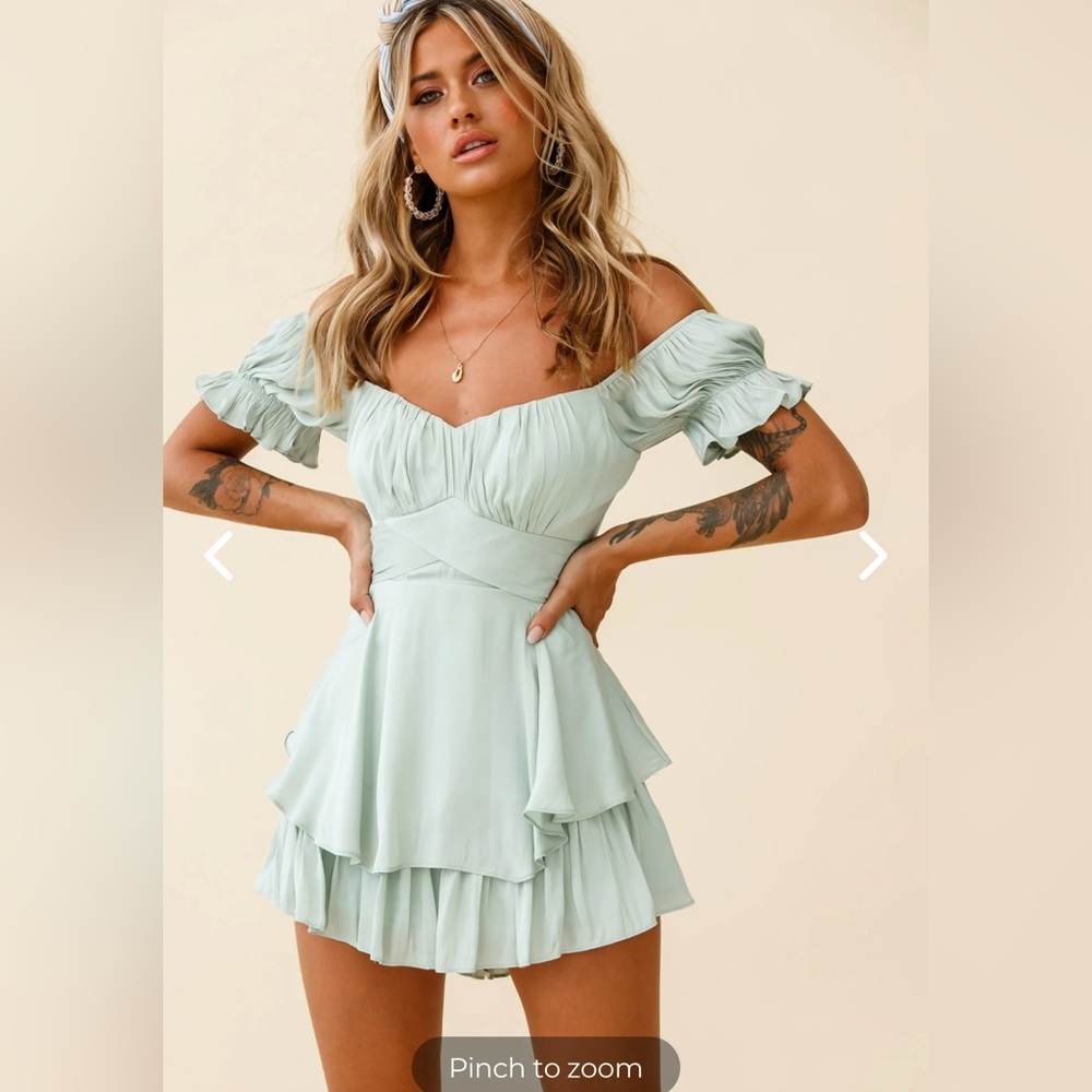 Light Green Off-Shoulder Tie Back Romper with Ruffles - Size Small